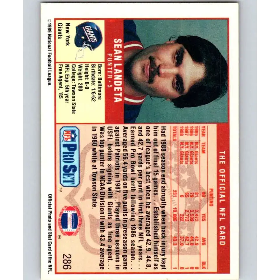 1989 Pro Set #286 Sean Landeta NM-MT New York Giants Football Card - Football Card Single