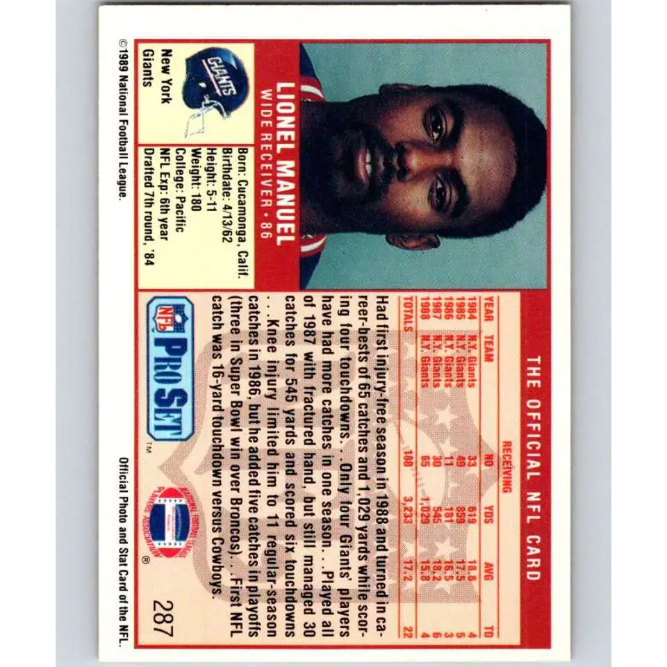 1989 Pro Set #287 Lionel Manuel NM-MT New York Giants Football Card - Football Card Single