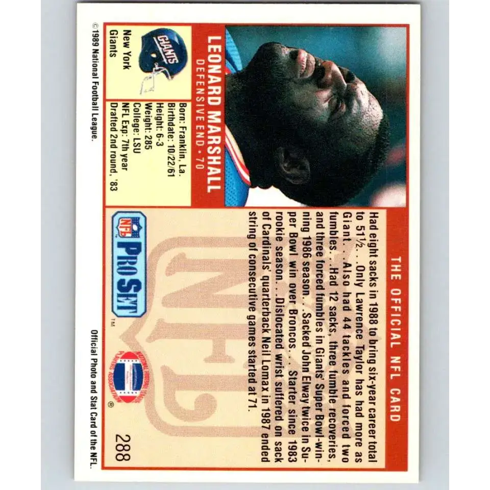 1989 Pro Set #288 Leonard Marshall NM-MT New York Giants Football Card - Football Card Single