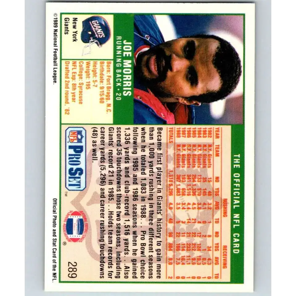 1989 Pro Set #289 Joe Morris NM-MT New York Giants Football Card - Football Card Single