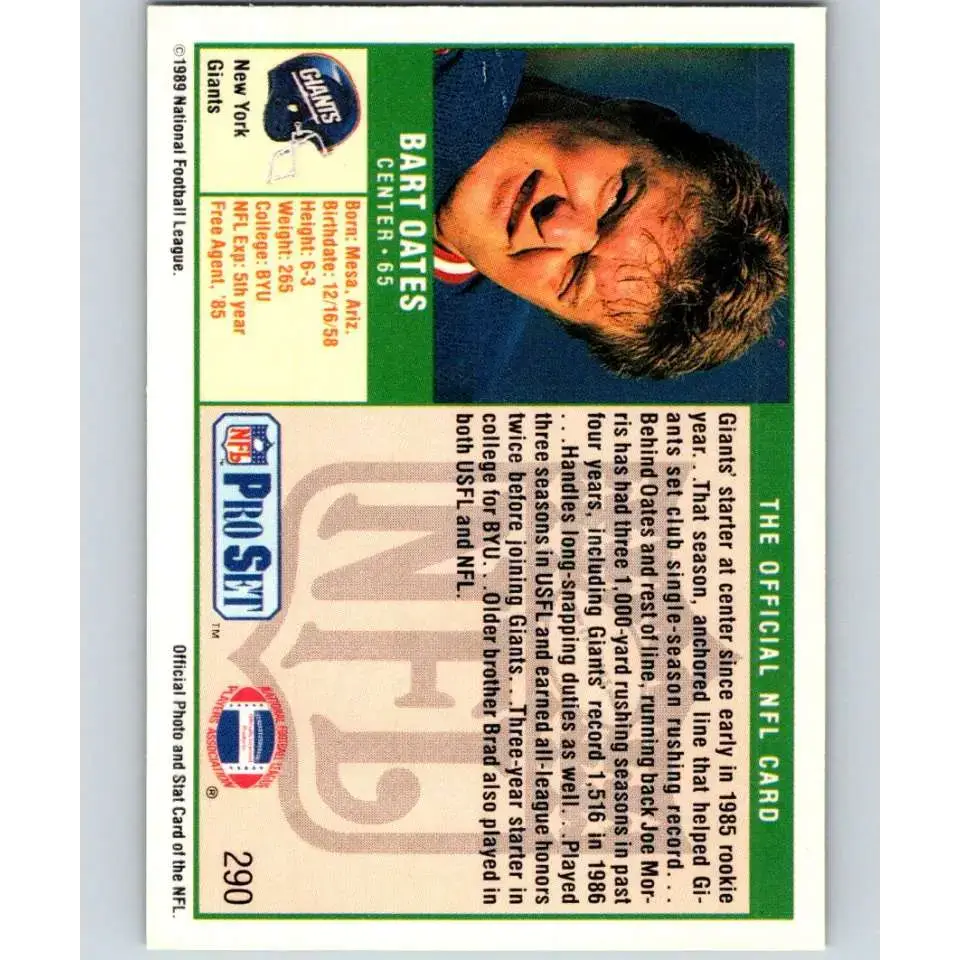 1989 Pro Set #290 Bart Oates NM-MT New York Giants Football Card - Football Card Single
