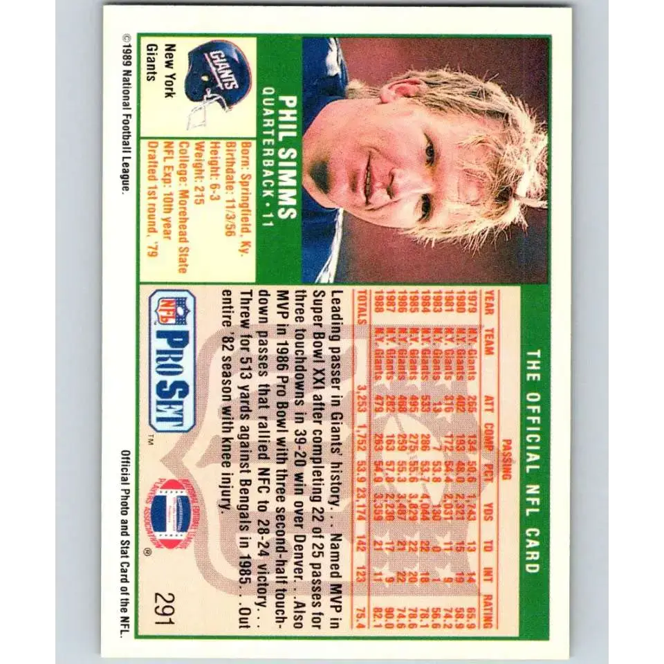 1989 Pro Set #291 Phil Simms NM-MT New York Giants Football Card - Football Card Single