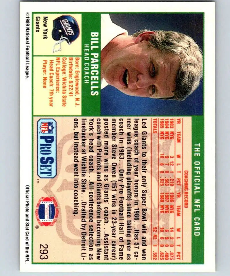 1989 Pro Set #293 Bill Parcells/ EX Excellent RC Rookie New York Giants Football Card - Football Card Single