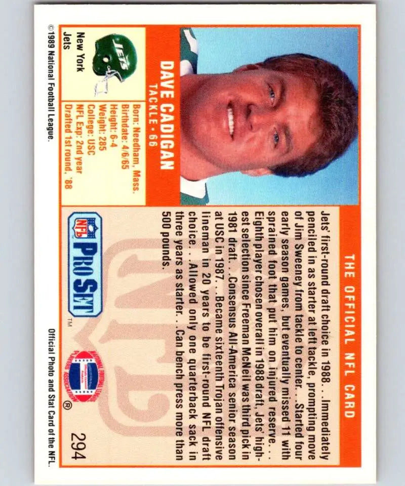 1989 Pro Set #294 Dave Cadigan EX Excellent New York Jets Football Card - Football Card Single