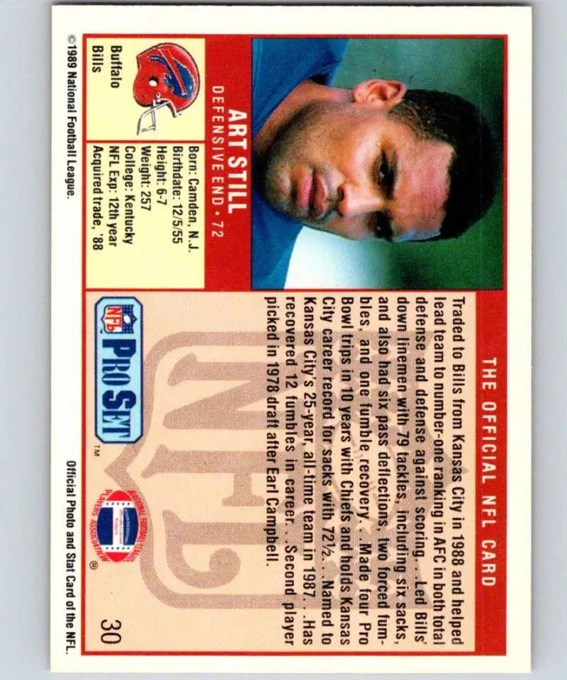 1989 Pro Set #30 Art Still EX Excellent Buffalo Bills Football Card - Football Card Single