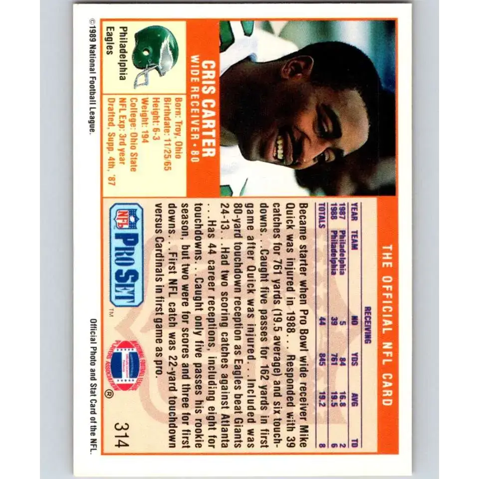 1989 Pro Set #314 Cris Carter NM-MT RC Rookie Philadelphia Eagles Football Card - Football Card Single