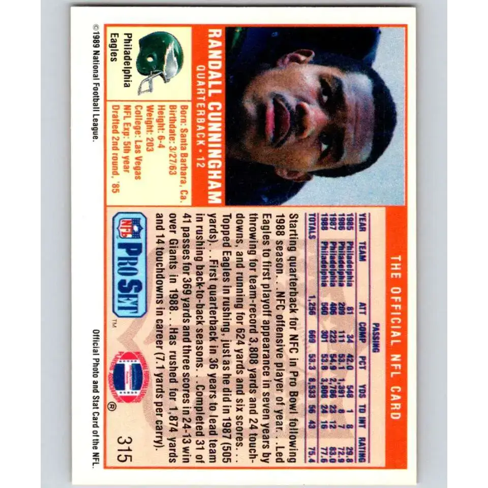 1989 Pro Set #315 Randall Cunningham NM-MT Philadelphia Eagles Football Card - Football Card Single