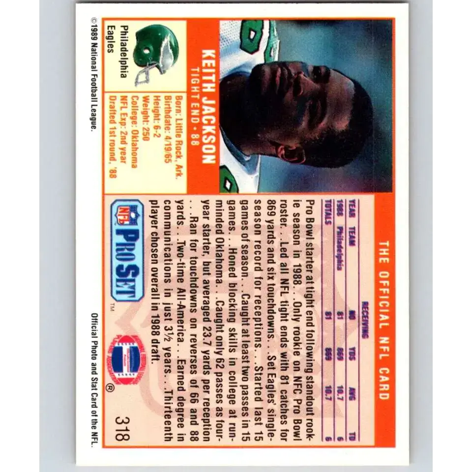 1989 Pro Set #318 Keith Jackson NM-MT RC Rookie Philadelphia Eagles Football Card