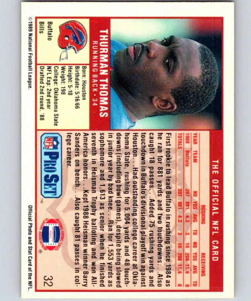 1989 Pro Set #32 Thurman Thomas EX Excellent RC Rookie Buffalo Bills Football Card - Football Card Single