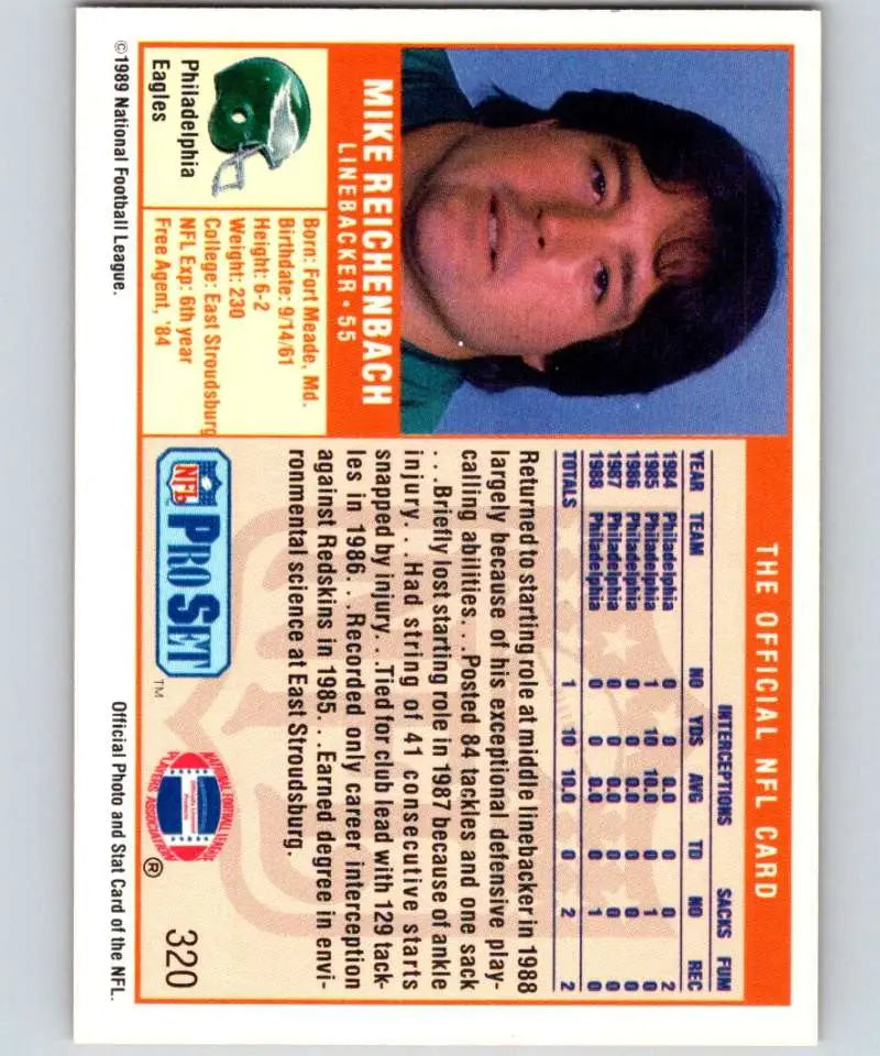 1989 Pro Set #320 Mike Reichenbach EX Excellent Philadelphia Eagles Football Card - Football Card Single