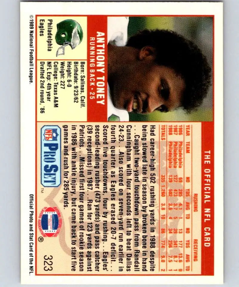 1989 Pro Set #323 Anthony Toney EX Excellent Philadelphia Eagles Football Card - Football Card Single