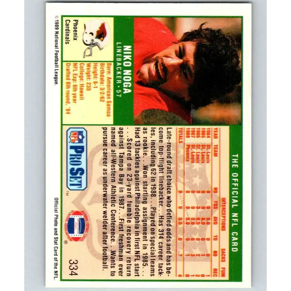 1989 Pro Set #334 Niko Noga NM-MT RC Rookie Phoenix Cardinals Football Card - Football Card Single