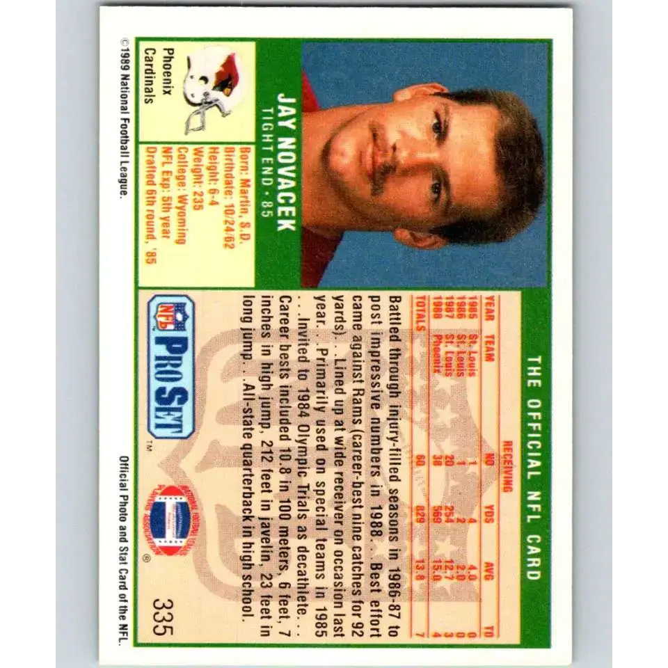 1989 Pro Set #335 Jay Novacek NM-MT RC Rookie Phoenix Cardinals Football Card