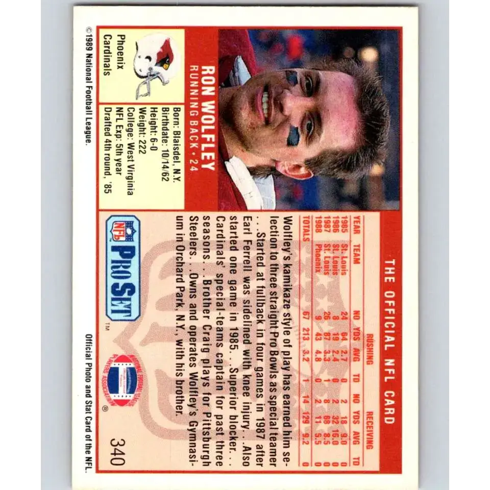 1989 Pro Set #340 Ron Wolfley NM-MT Phoenix Cardinals Football Card - Football Card Single