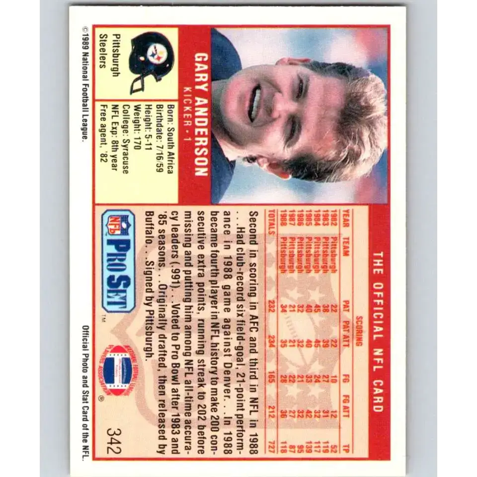 1989 Pro Set #342 Gary Anderson NM-MT Pittsburgh Steelers Football Card - Football Card Single