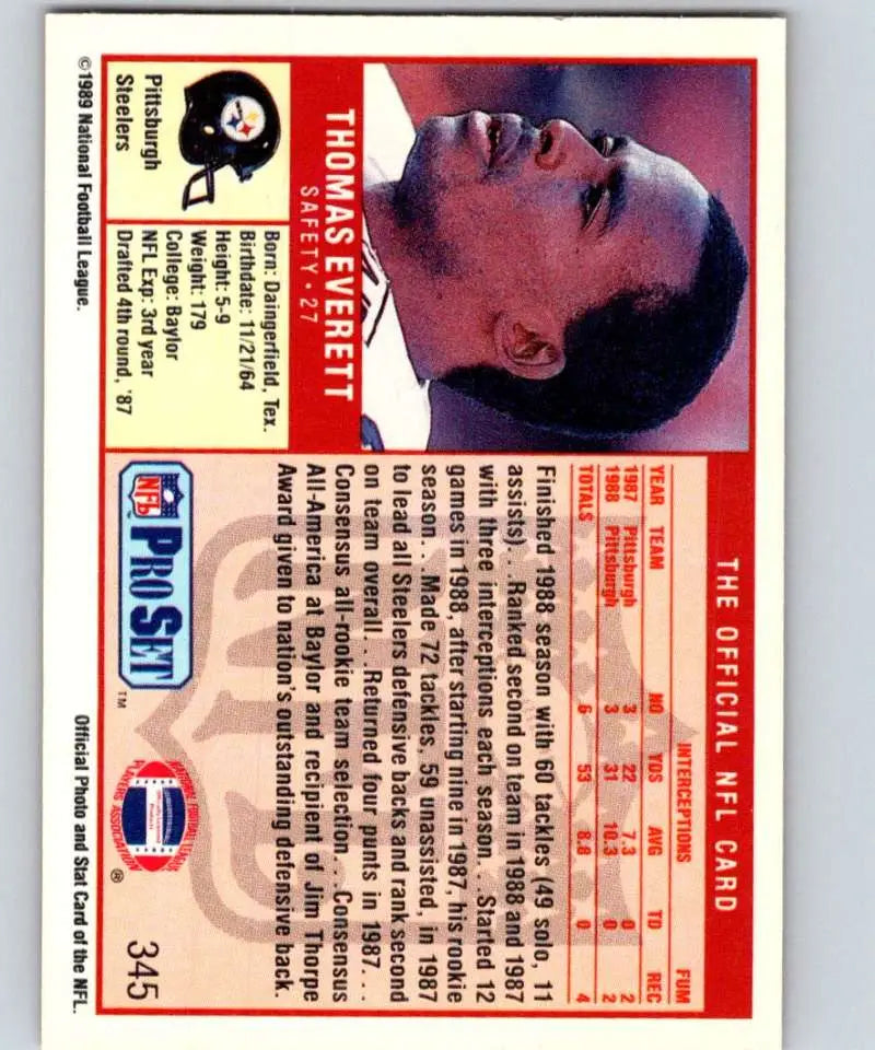 1989 Pro Set #345 Thomas Everett EX Excellent RC Rookie Pittsburgh Steelers Football Card - Football Card Single