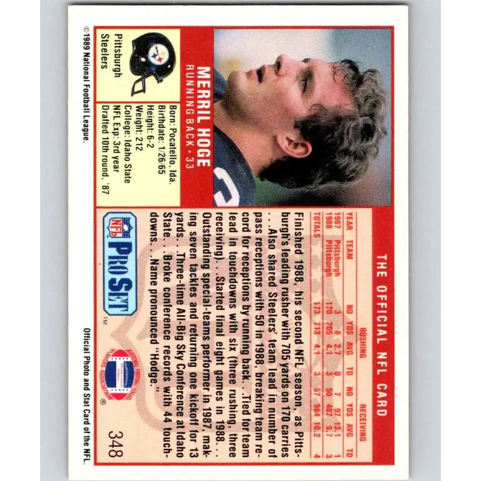 1989 Pro Set #348 Merril Hoge NM-MT RC Rookie Pittsburgh Steelers Football Card - Football Card Single
