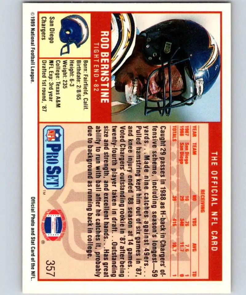 1989 Pro Set #357 Rod Bernstine EX Excellent RC Rookie San Diego Chargers Football Card - Football Card Single