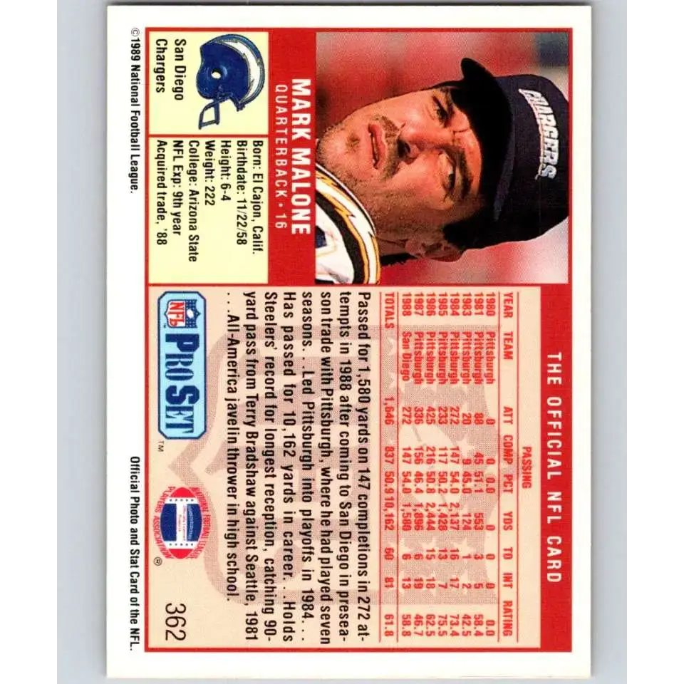 1989 Pro Set #362 Mark Malone NM-MT San Diego Chargers Football Card - Football Card Single