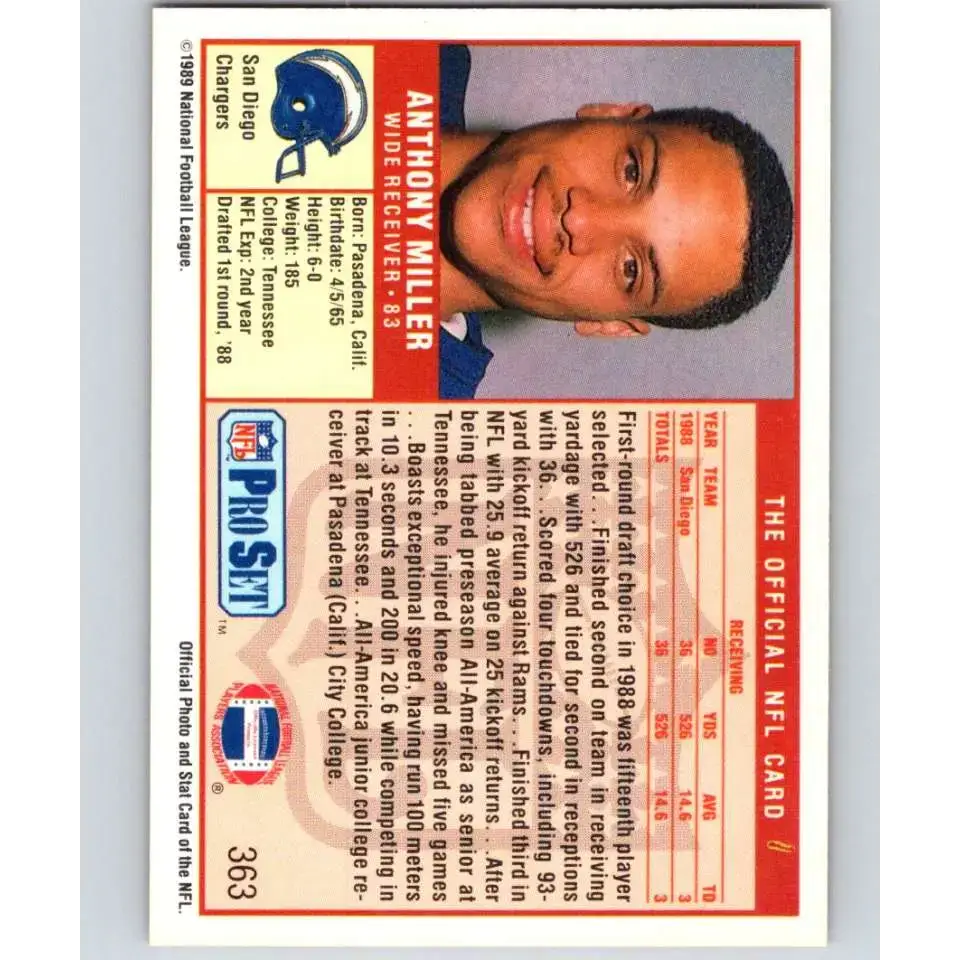 1989 Pro Set #363a Anthony Miller NM-MT RC Rookie San Diego Chargers Football Card - Football Card Single