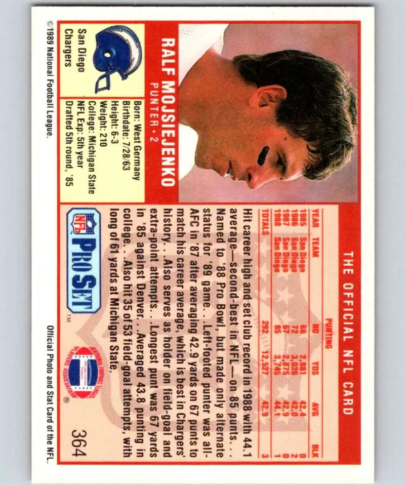 1989 Pro Set #364 Ralf Mojsiejenko EX Excellent San Diego Chargers Football Card - Football Card Single