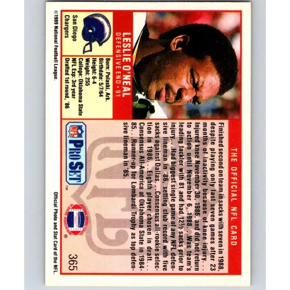 1989 Pro Set #365 Leslie O’Neal NM-MT San Diego Chargers Football Card - Football Card Single