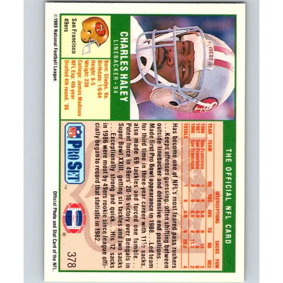 1989 Pro Set #378 Charles Haley NM-MT San Francisco 49ers Football Card - Football Card Single