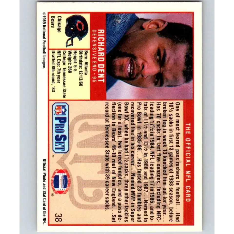 1989 Pro Set #38 Richard Dent NM-MT Chicago Bears Football Card - Football Card Single