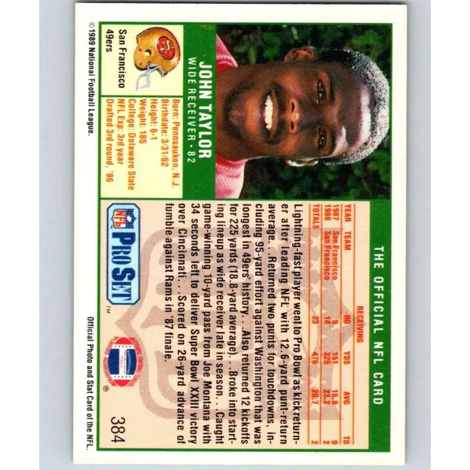 1989 Pro Set #384 John Taylor NM-MT RC Rookie San Francisco 49ers Football Card - Football Card Single