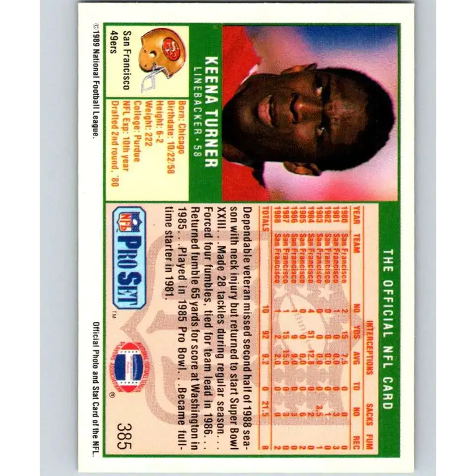 1989 Pro Set #385 Keena Turner NM-MT San Francisco 49ers Football Card