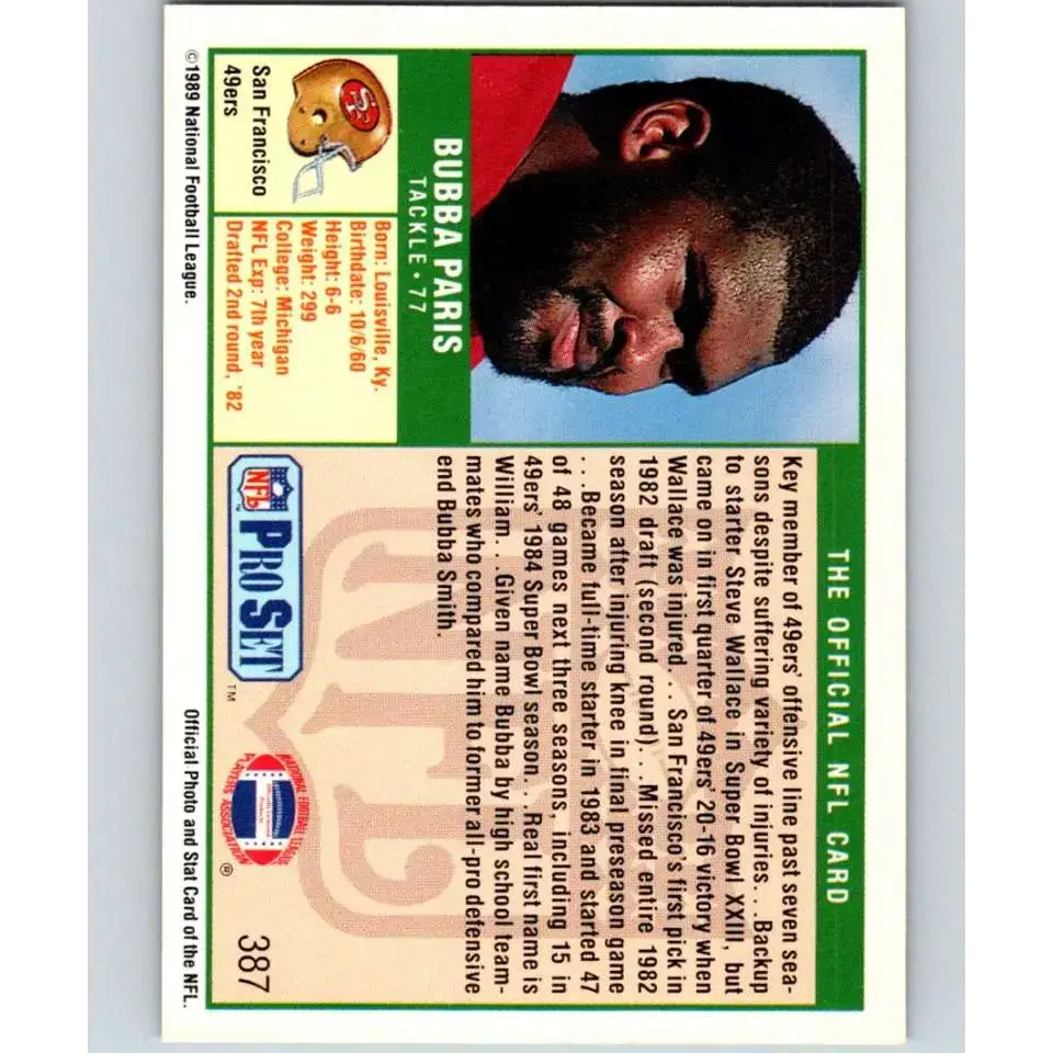 1989 Pro Set #387 Bubba Paris NM-MT San Francisco 49ers Football Card - Football Card Single