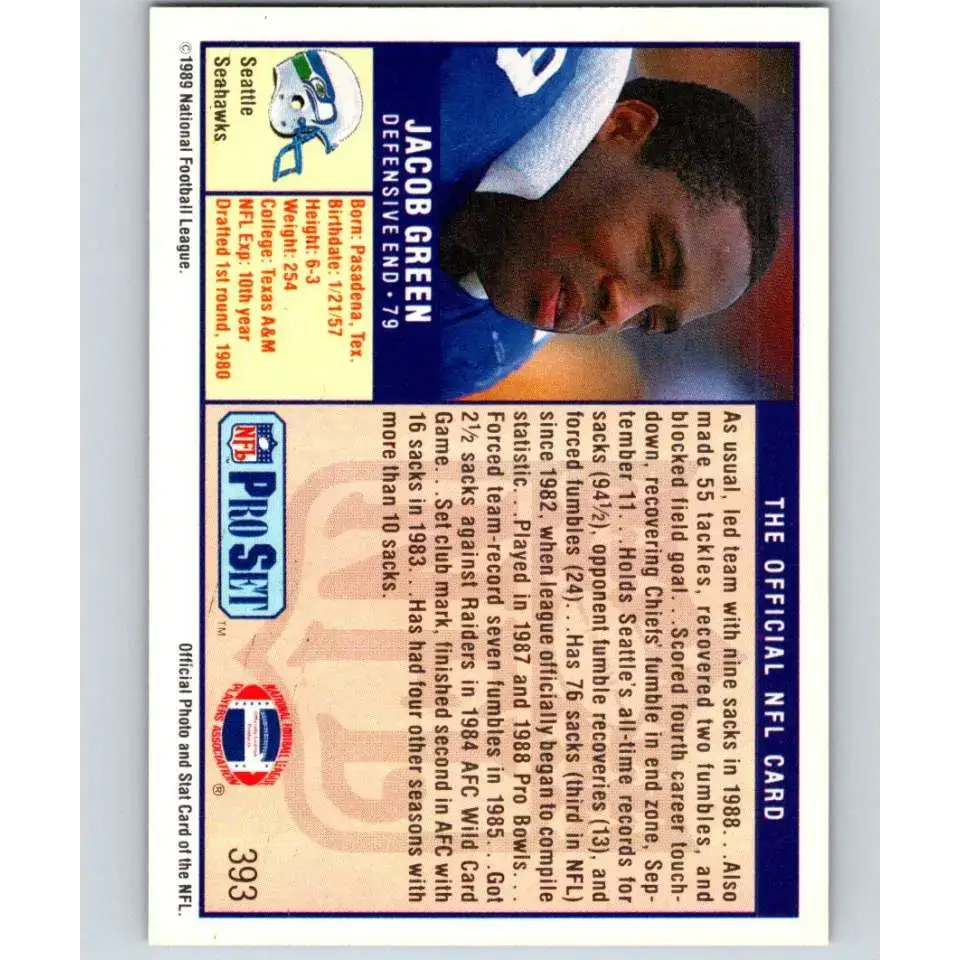 1989 Pro Set #393 Jacob Green NM-MT Seattle Seahawks Football Card - Football Card Single