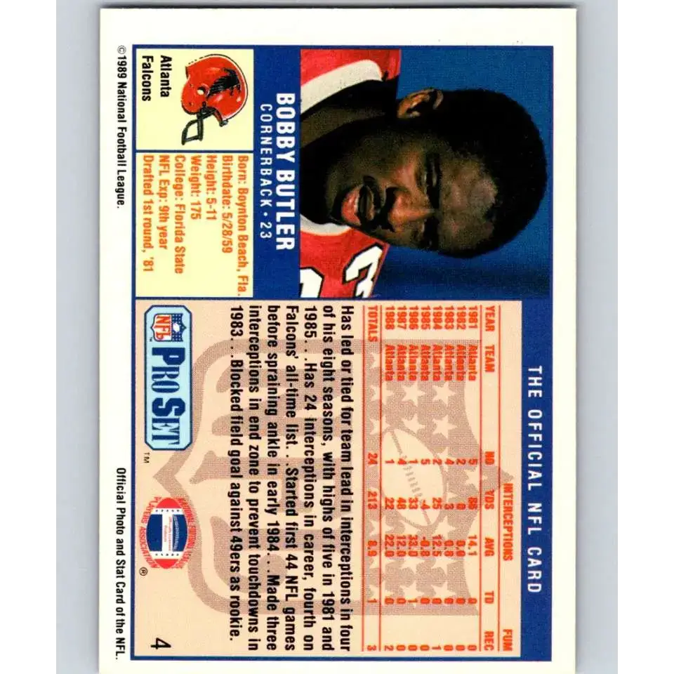 1989 Pro Set #4 Bobby Butler NM-MT Atlanta Falcons Football Card - Football Card Single