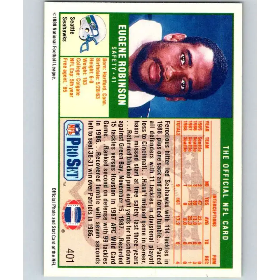 1989 Pro Set #401 Eugene Robinson NM-MT RC Rookie Seattle Seahawks Football Card - Football Card Single