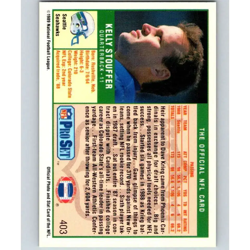 1989 Pro Set #403 Kelly Stouffer NM-MT RC Rookie Seattle Seahawks Football Card - Football Card Single