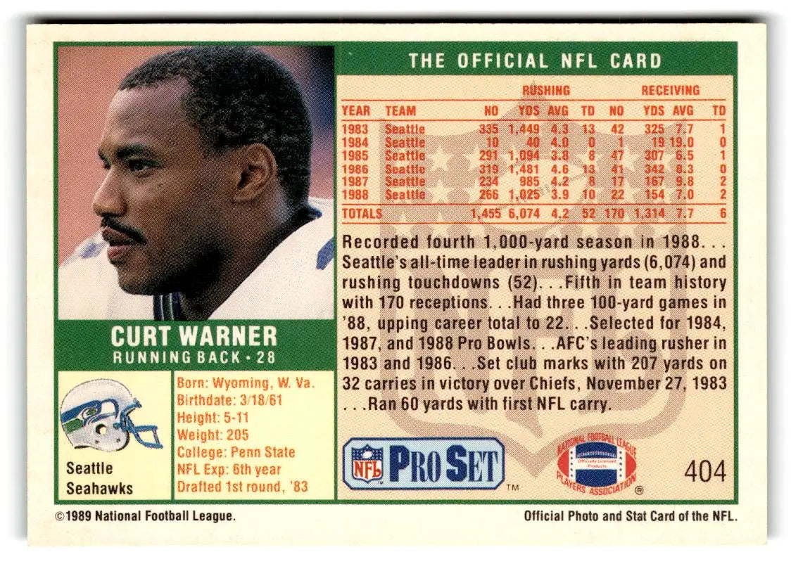 1989 Pro Set #404b Curt Warner - Football Card Single