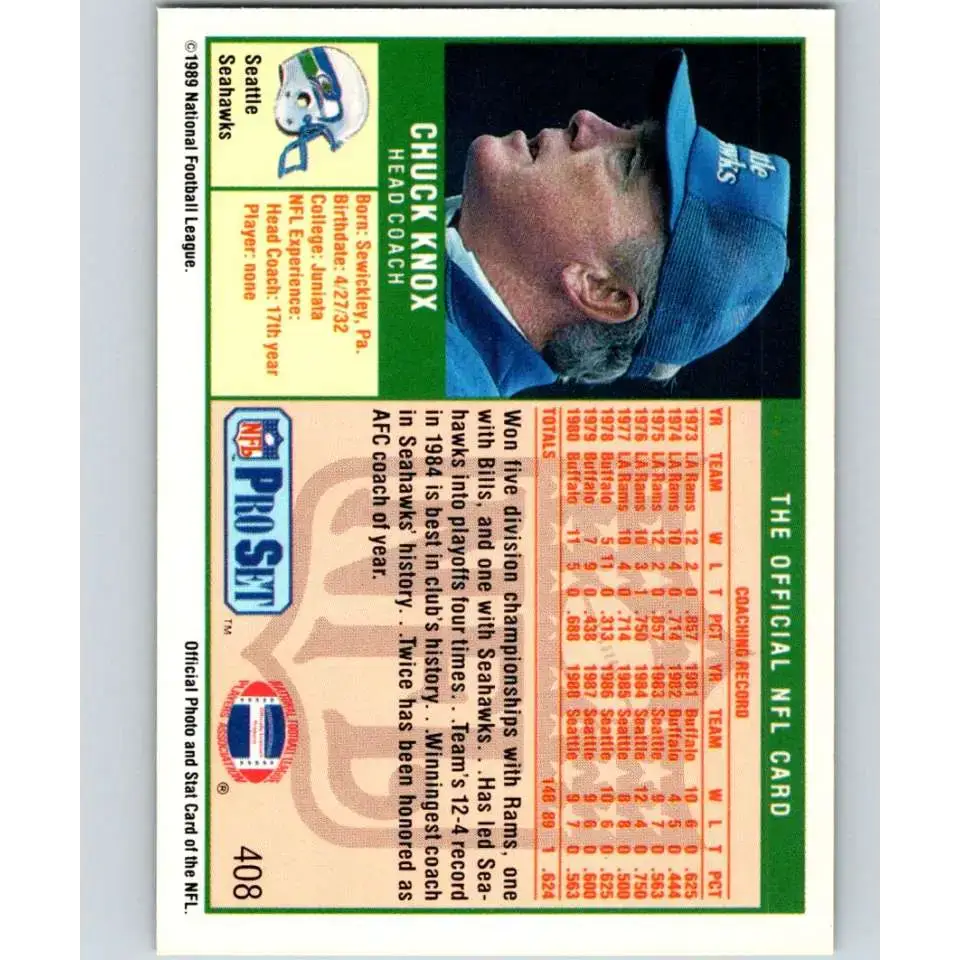 1989 Pro Set #408 Chuck Knox CO NM-MT Seattle Seahawks Football Card - Football Card Single