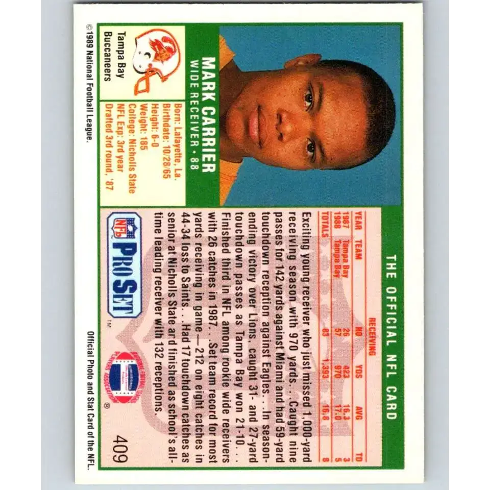 1989 Pro Set #409 Mark Carrier NM-MT RC Rookie Tampa Bay Buccaneers Football Card