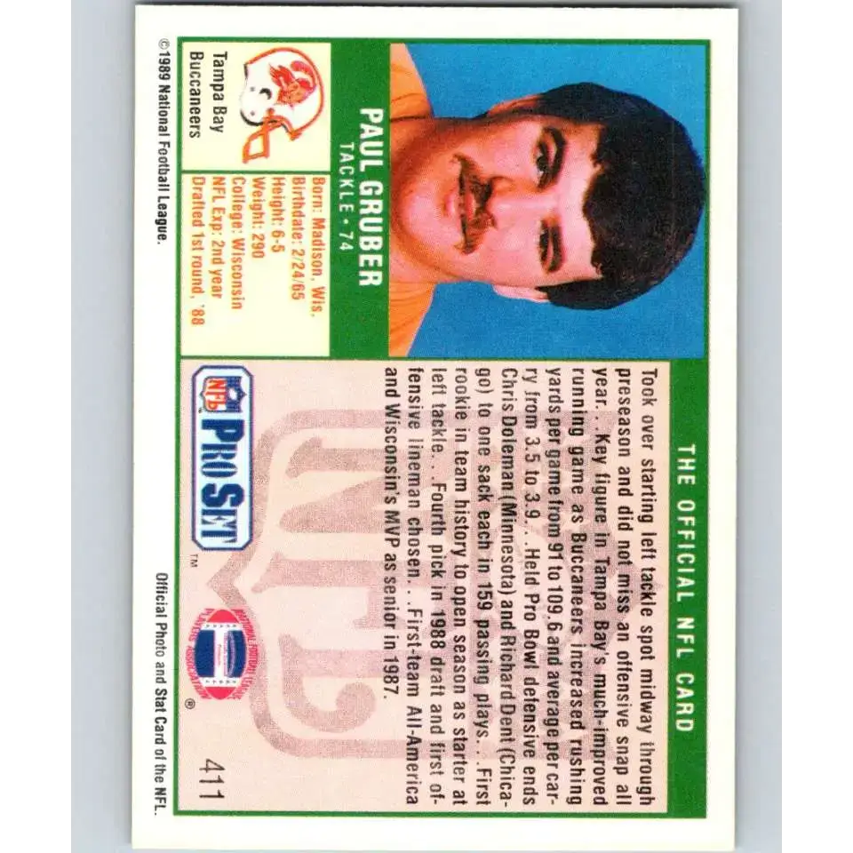 1989 Pro Set #411 Paul Gruber NM-MT RC Rookie Tampa Bay Buccaneers Football Card - Football Card Single
