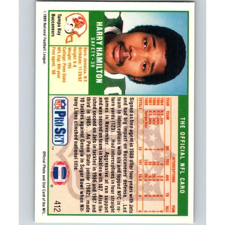 1989 Pro Set #412 Harry Hamilton NM-MT Tampa Bay Buccaneers Football Card - Football Card Single