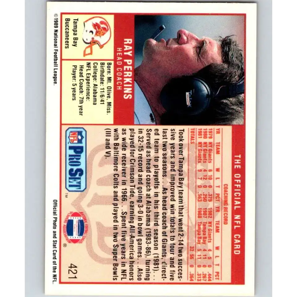 1989 Pro Set #421 Ray Perkins CO NM-MT Tampa Bay Buccaneers Football Card - Football Card Single