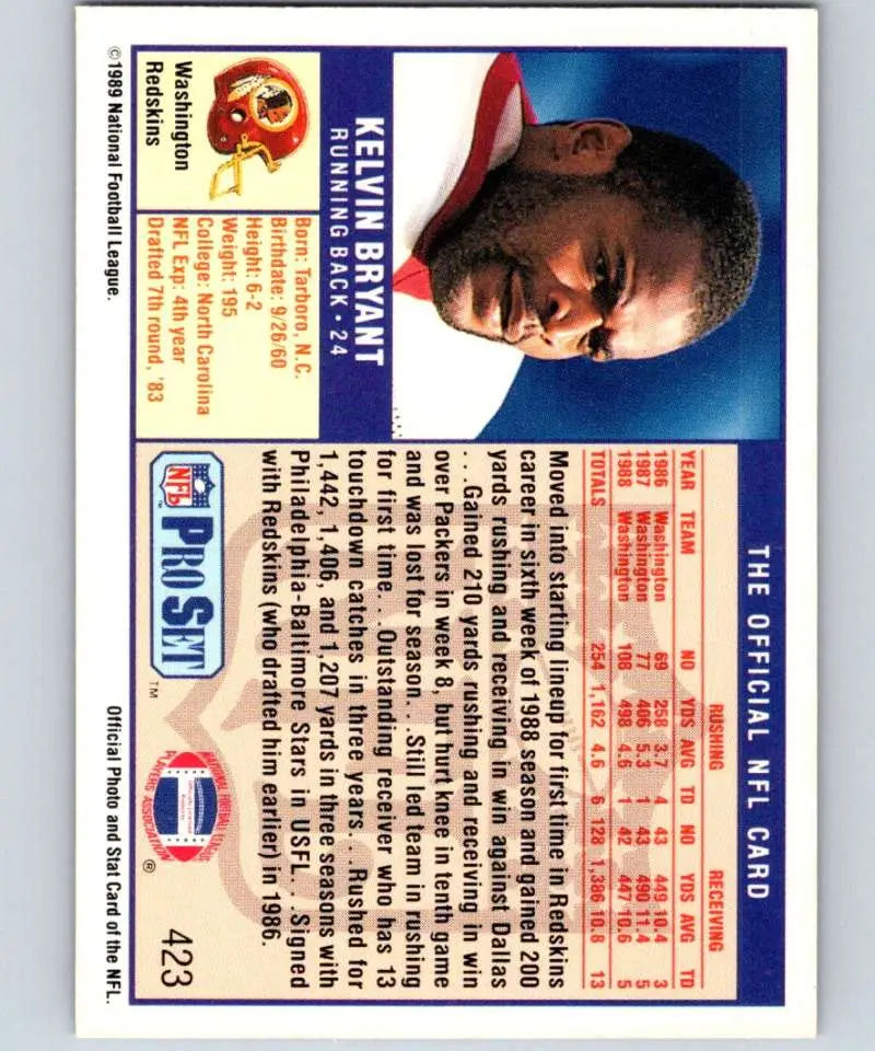 1989 Pro Set #423 Kelvin Bryant EX Excellent Washington Redskins Football Card - Football Card Single