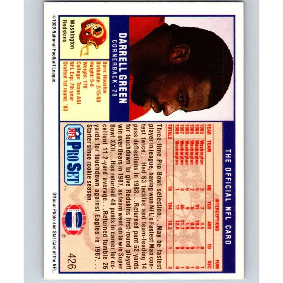 1989 Pro Set #426 Darrell Green NM-MT Washington Redskins Football Card - Football Card Single