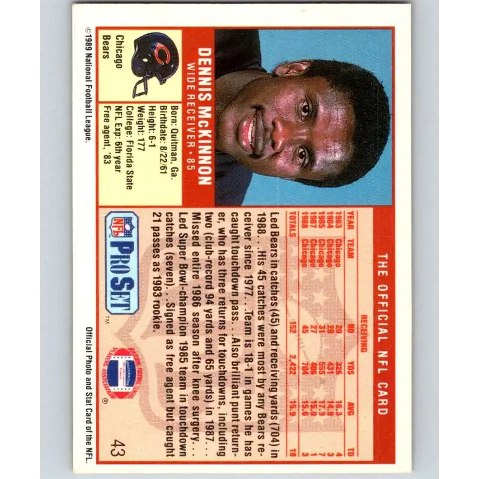 1989 Pro Set #43 Dennis McKinnon UER NM-MT Chicago Bears Football Card