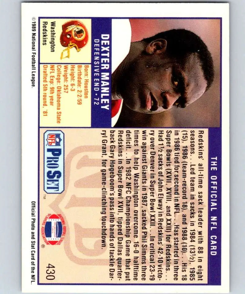 1989 Pro Set #430 Dexter Manley EX Excellent Washington Redskins Football Card - Football Card Single