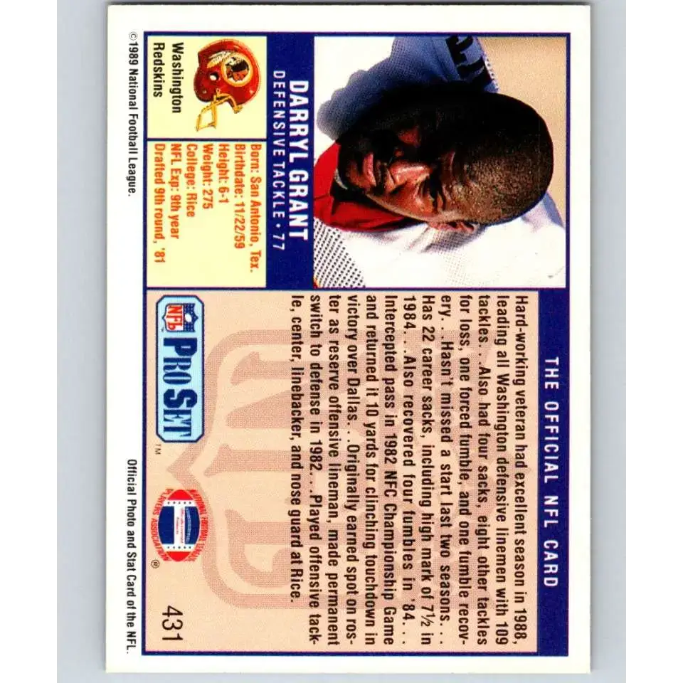 1989 Pro Set #431 Darryl Grant NM-MT Washington Redskins Football Card - Football Card Single
