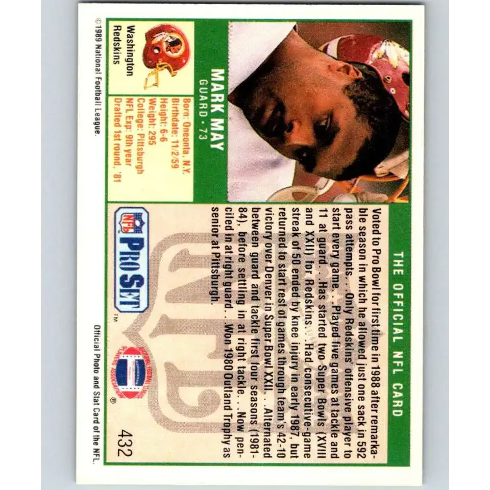 1989 Pro Set #432 Mark May NM-MT RC Rookie Washington Redskins Football Card - Football Card Single