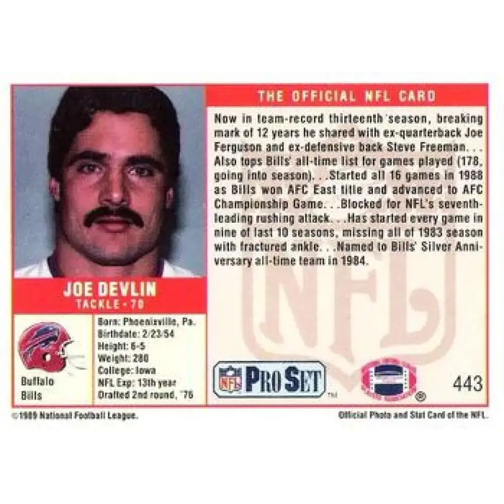 1989 Pro Set #443 Joe Devlin NM-MT Buffalo Bills Football Card - Football Card Single