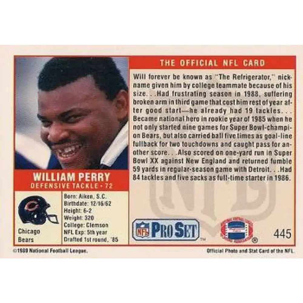 1989 Pro Set #445 William Perry NM-MT Chicago Bears Football Card - Football Card Single