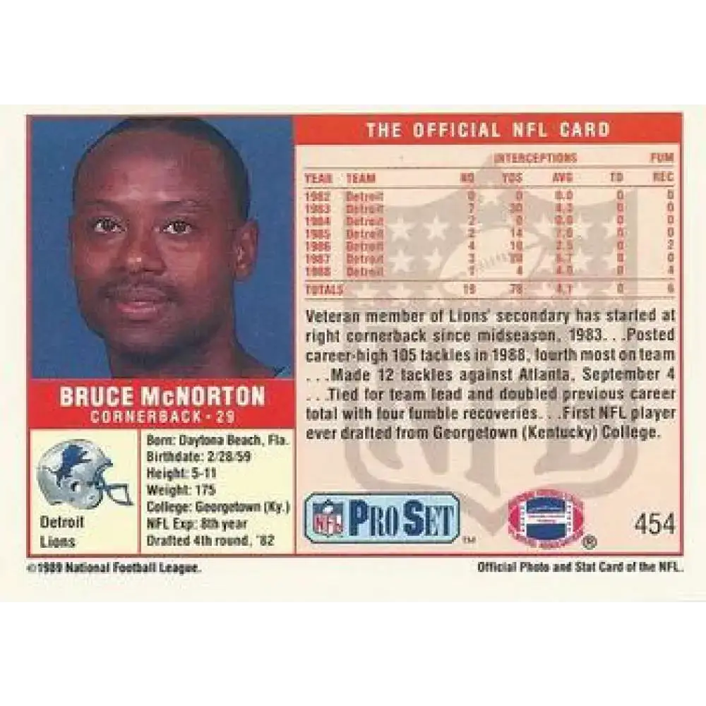 1989 Pro Set #454 Bruce McNorton NM-MT Detroit Lions Football Card - Football Card Single